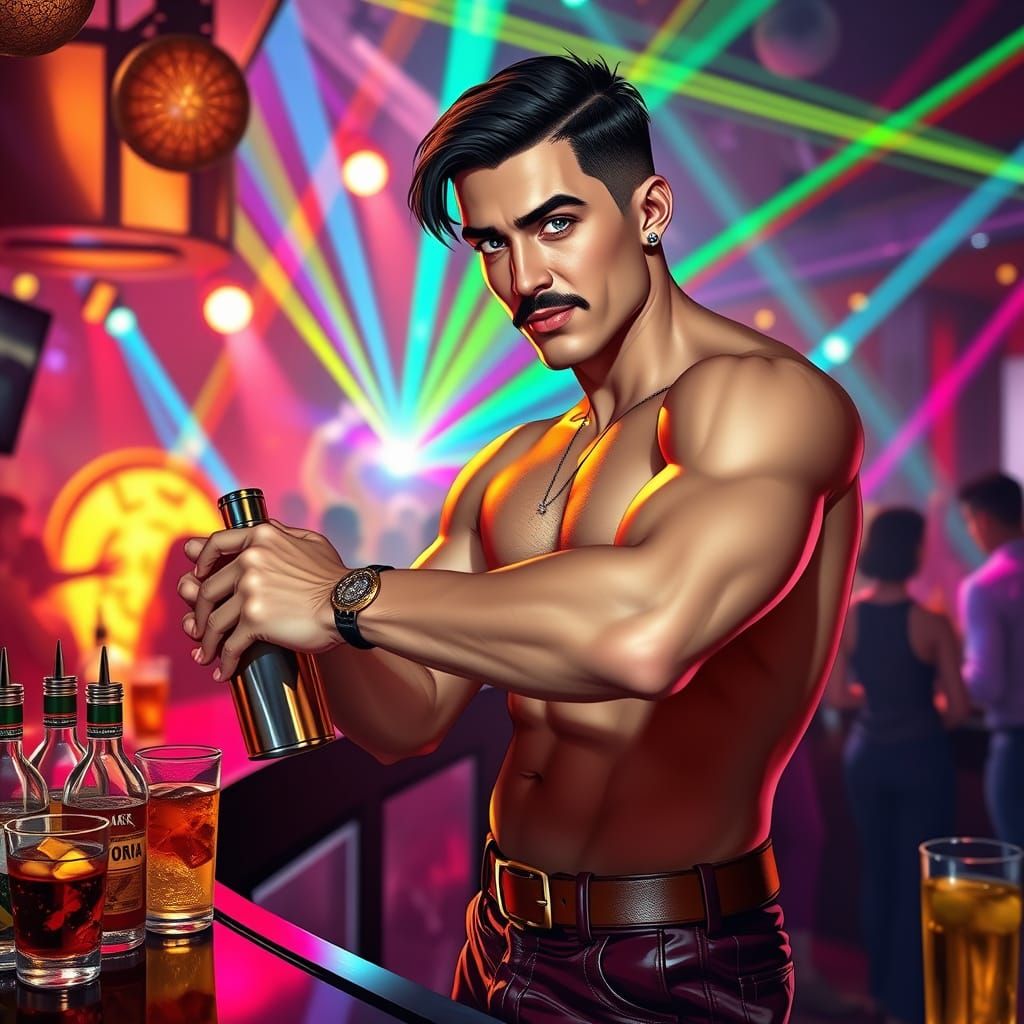 Hyperrealistic Barman Shakes Cocktail in Disco Setting
