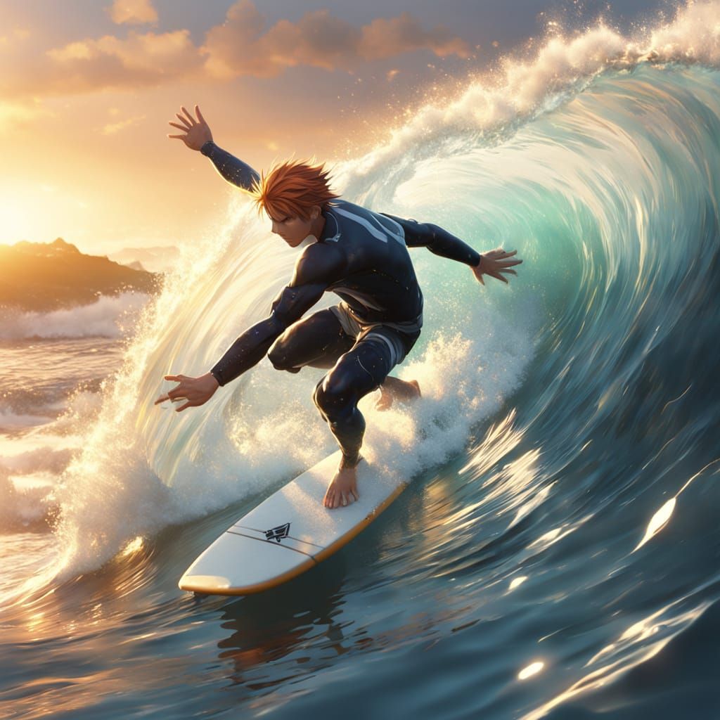 Anime Surfer Rides Wave in Golden Hour Lighting
