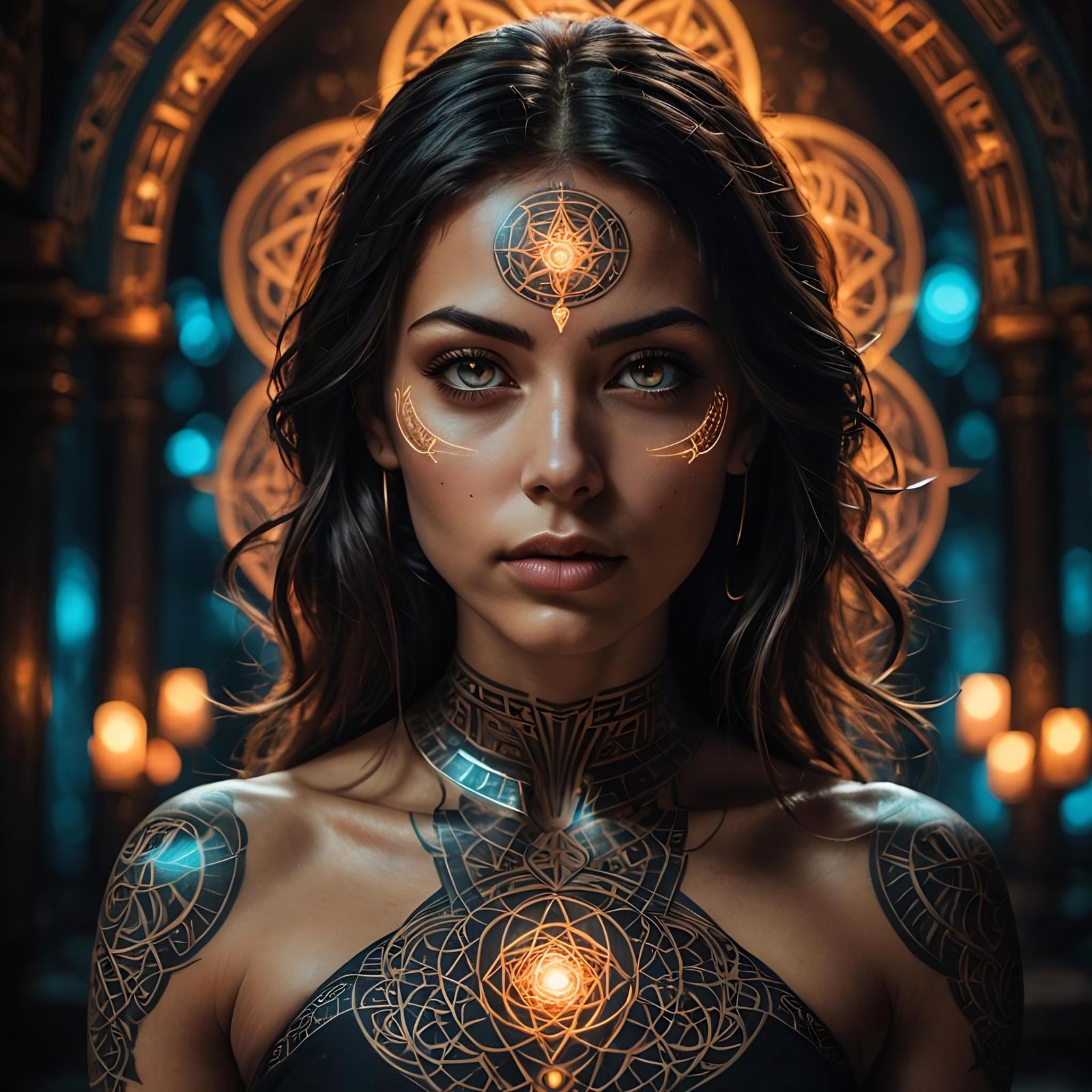 Glowing Tattoo Woman in Sacred Geometry Style