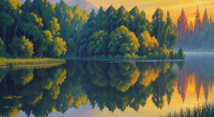 Serene Lake Landscape in Vibrant Impressionist Style