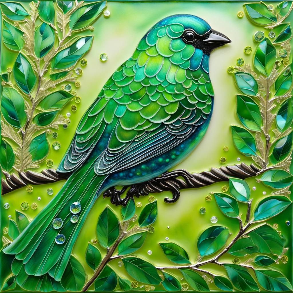 Glistening Green Tanager in Encaustic Style