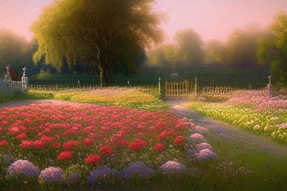 Dusk Flower Garden with Roses and Lilies