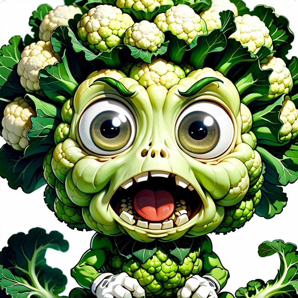 Close-up of an anthropomorphic cauliflower chibi style
