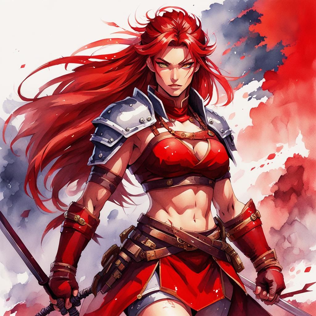 Red Monika: Manga Style Warrior in Vibrant Palette