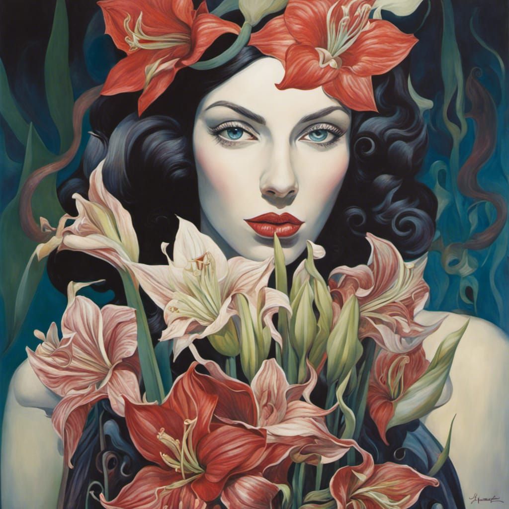 Woman with Amaryllis Flowers in Surreal Style