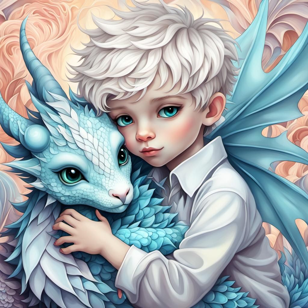 Boy Hugging a Fluffy Dragon Cub