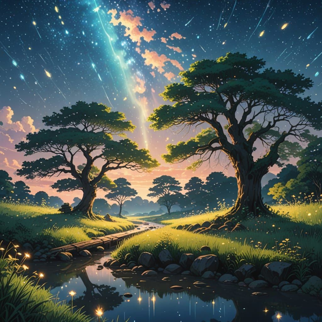 Fireflies Dance in Dreamy Anime Landscape