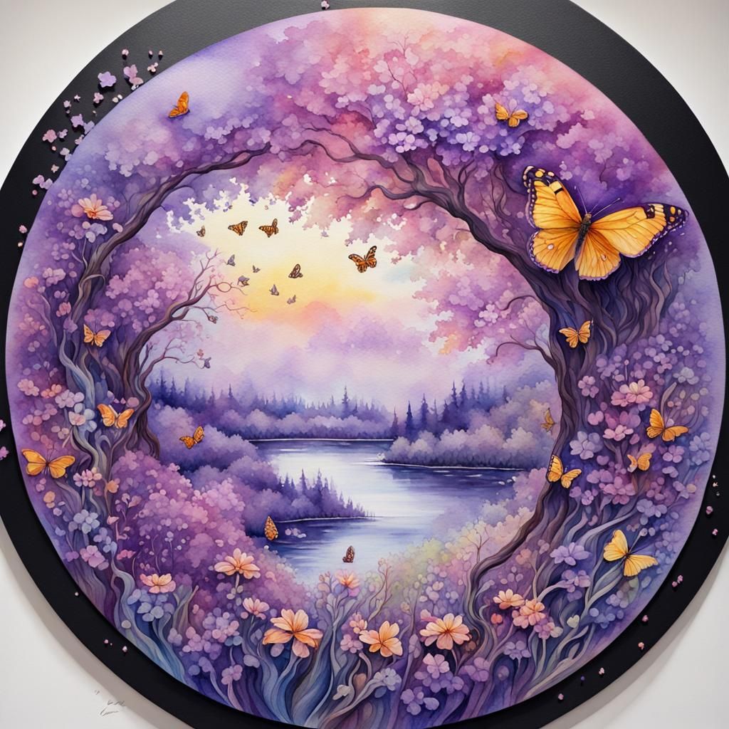 Yggdrasil Watercolor Painting with Lilac Bushes