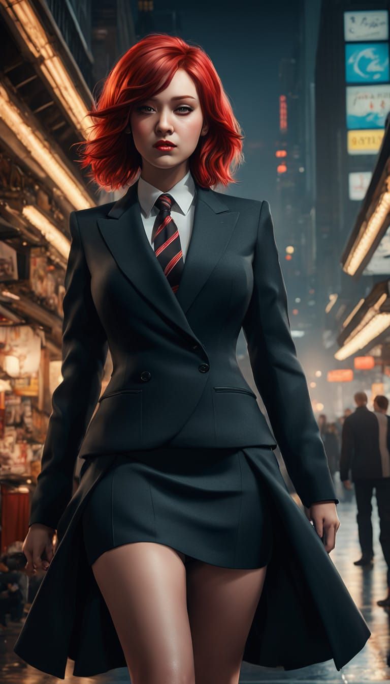 Vibrant Red-Haired Model Struts Down a Runway in a Chic Blac...