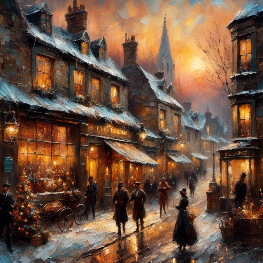 Victorian London Christmas Sunset Oil Painting