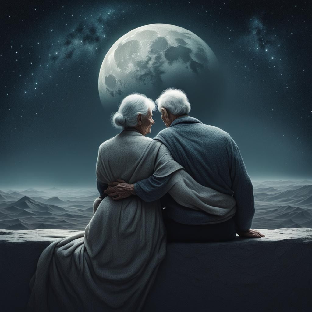 Elderly Couple Embracing Under Cosmic Moonlight