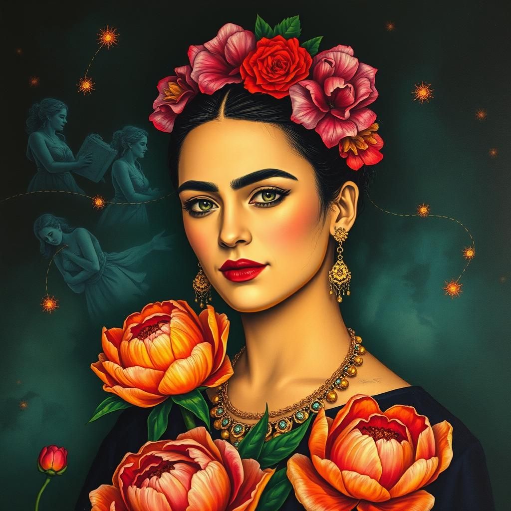 Fantasy Self-Portrait with Glowing Peonies in Alcohol Ink St...