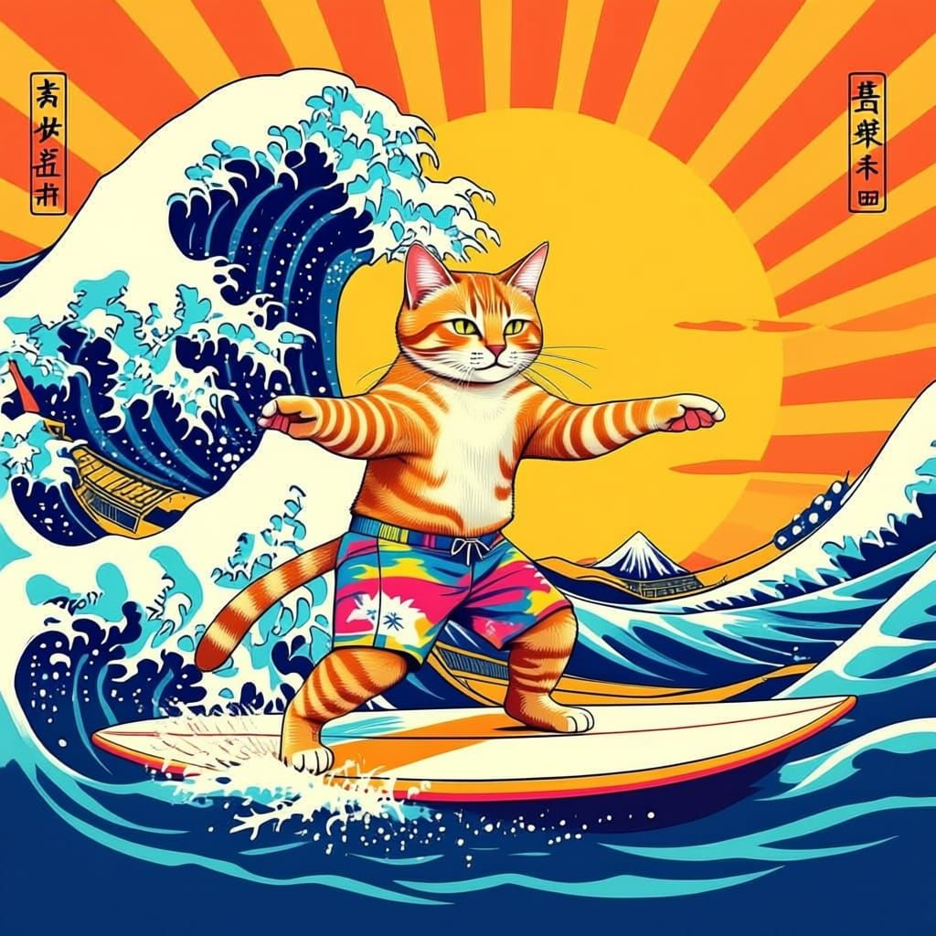 Ginger Cat Surfs Iconic Wave in Pop Art Style