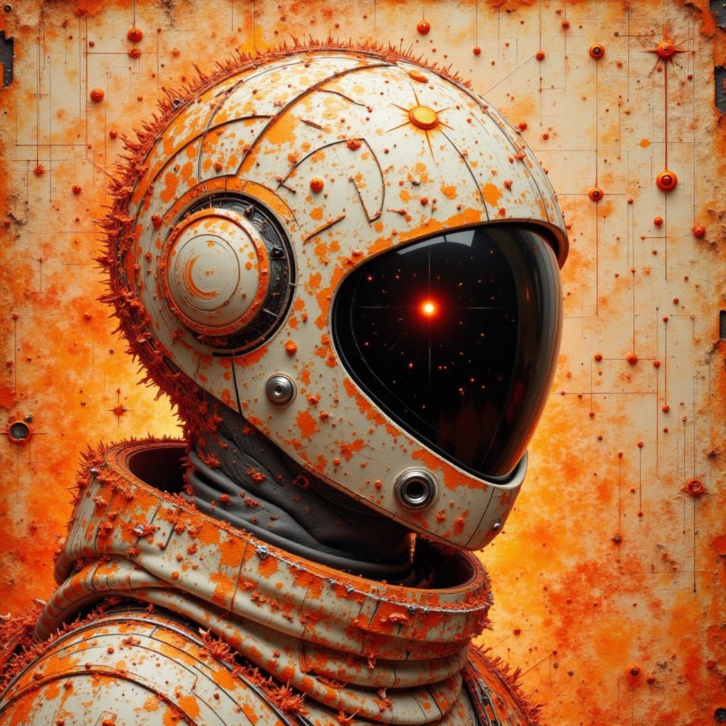 Burnt Orange spaceman, white helmet, black visor. <lora:Disarray:1.0>