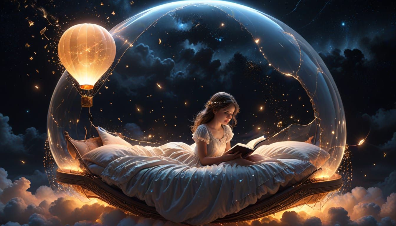 Girl in Floating Bed Under Starry Sky