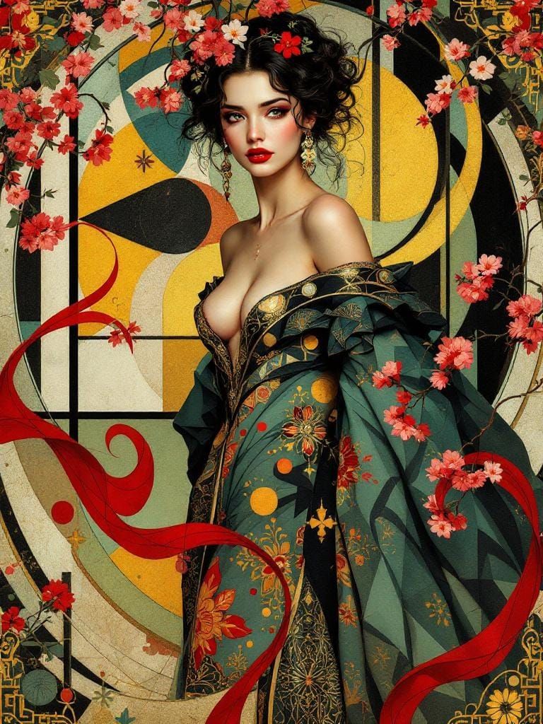 Vintage Pin-Up in Geometric Garden, Mucha Style