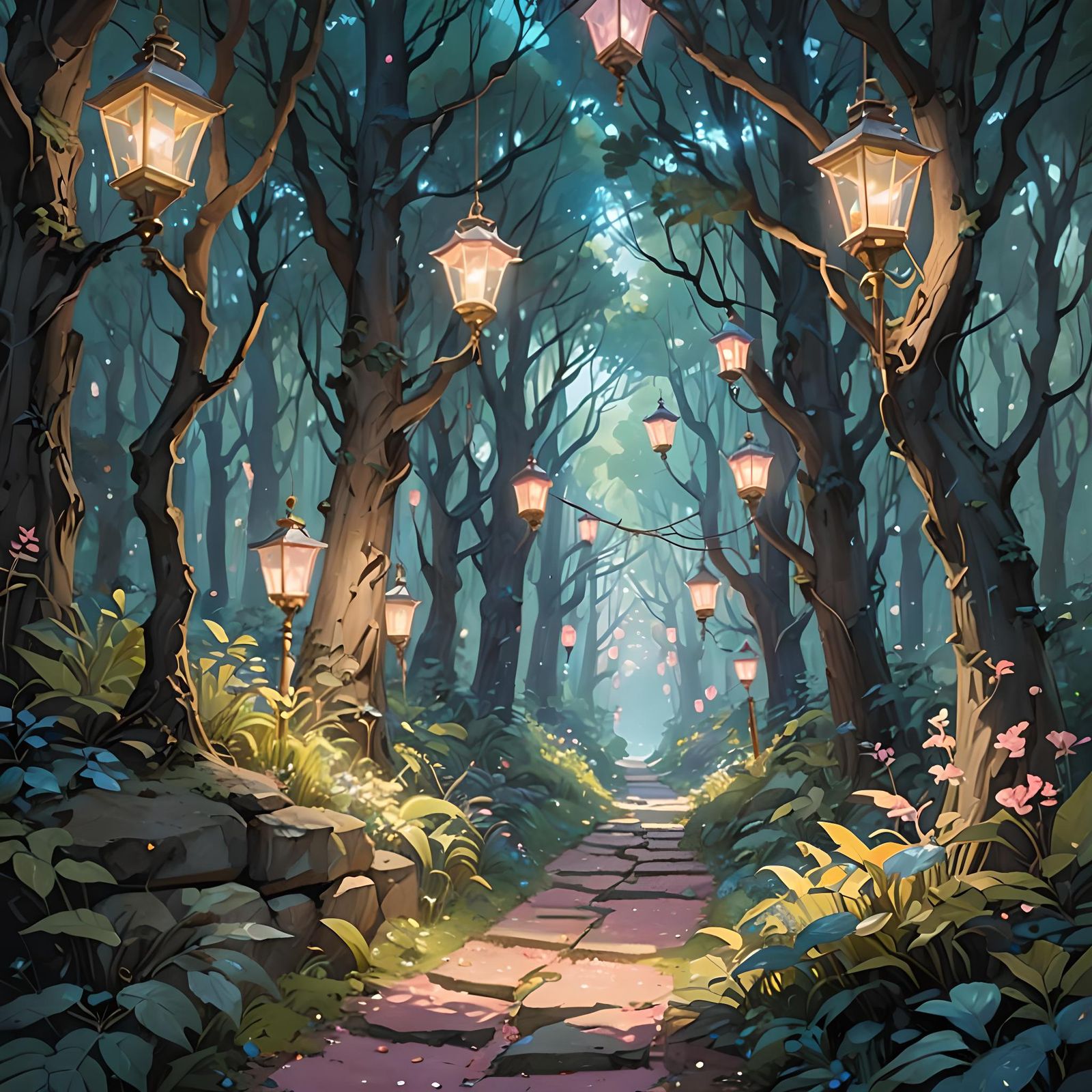 Mystical Forest Path with Crystalline Lanterns