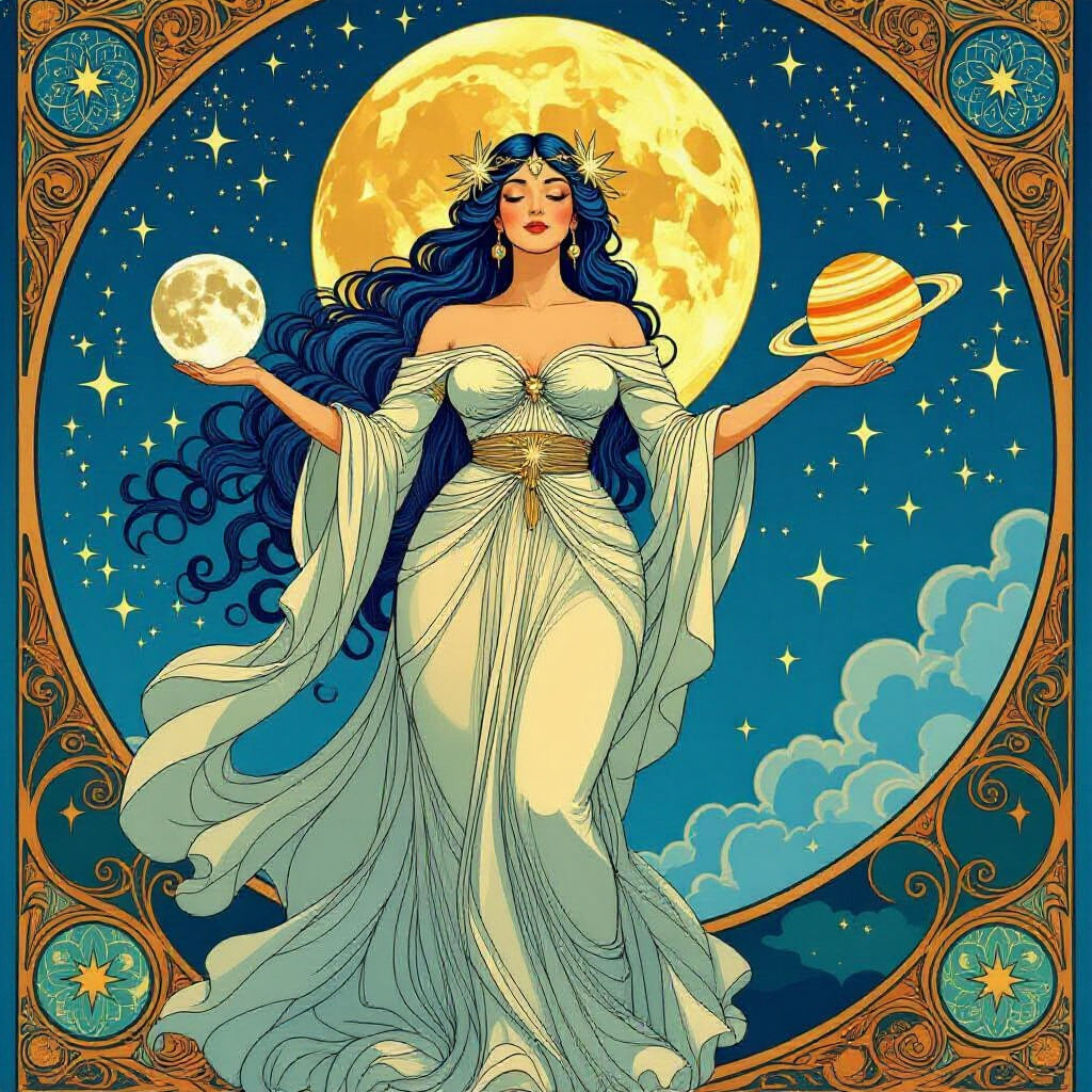 Celestial Moon Goddess in Art Nouveau Style