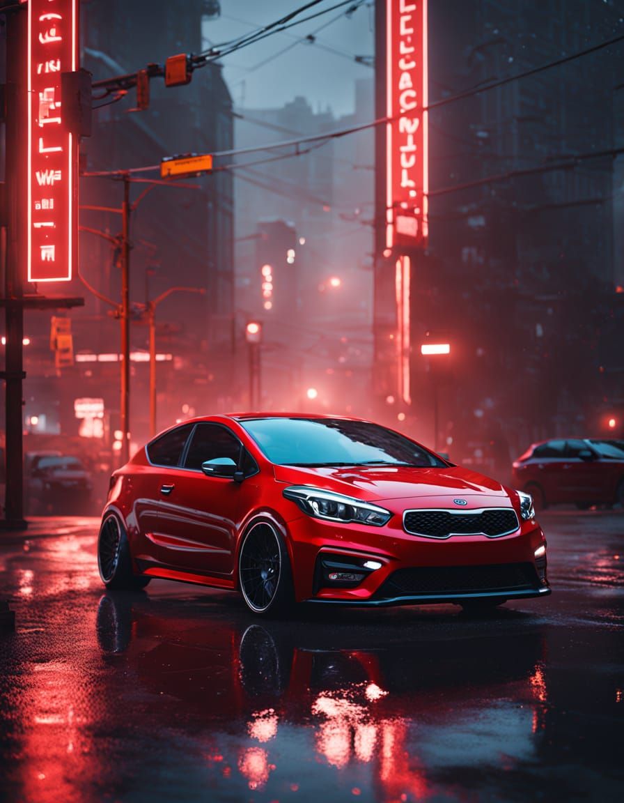 Aggressive Red Kia Cerato Koup YD Coupe with Neon Reflection...