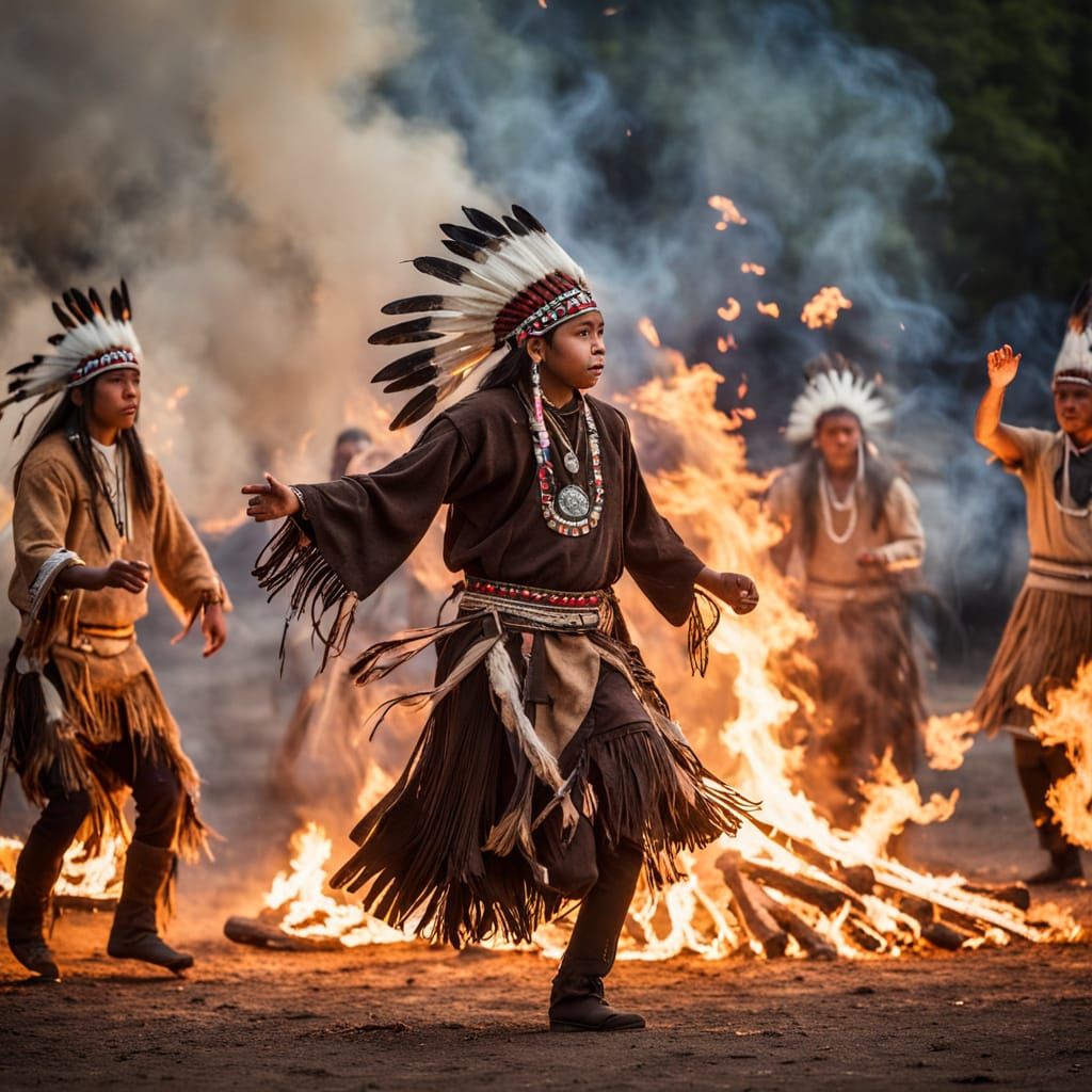 Native Americans Dancing Around Fire, Sharp Focus