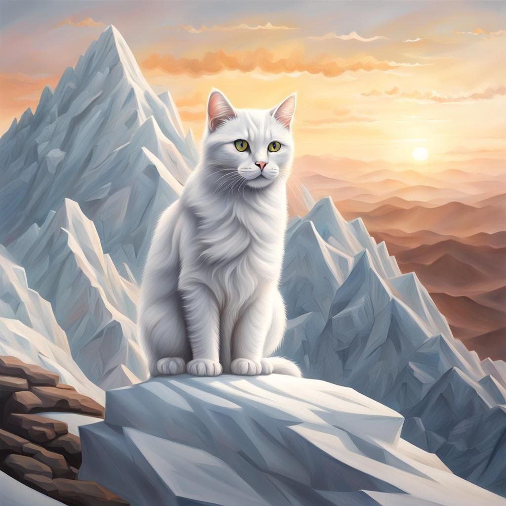 Crystal Cat on Mountain at Sunset: Hyperrealistic