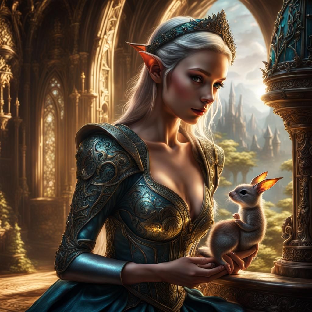 Enchanting Fairy Elf with Pet in Retrofuturistic Castle