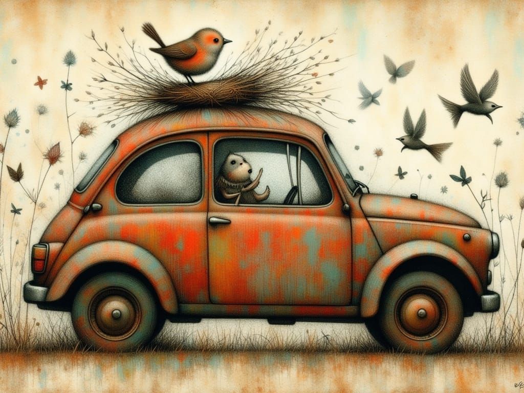 Whimsical Bird's Nest in a Rusted Car