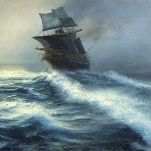 Ghostly Blue Pirate Ship in Stormy Seas