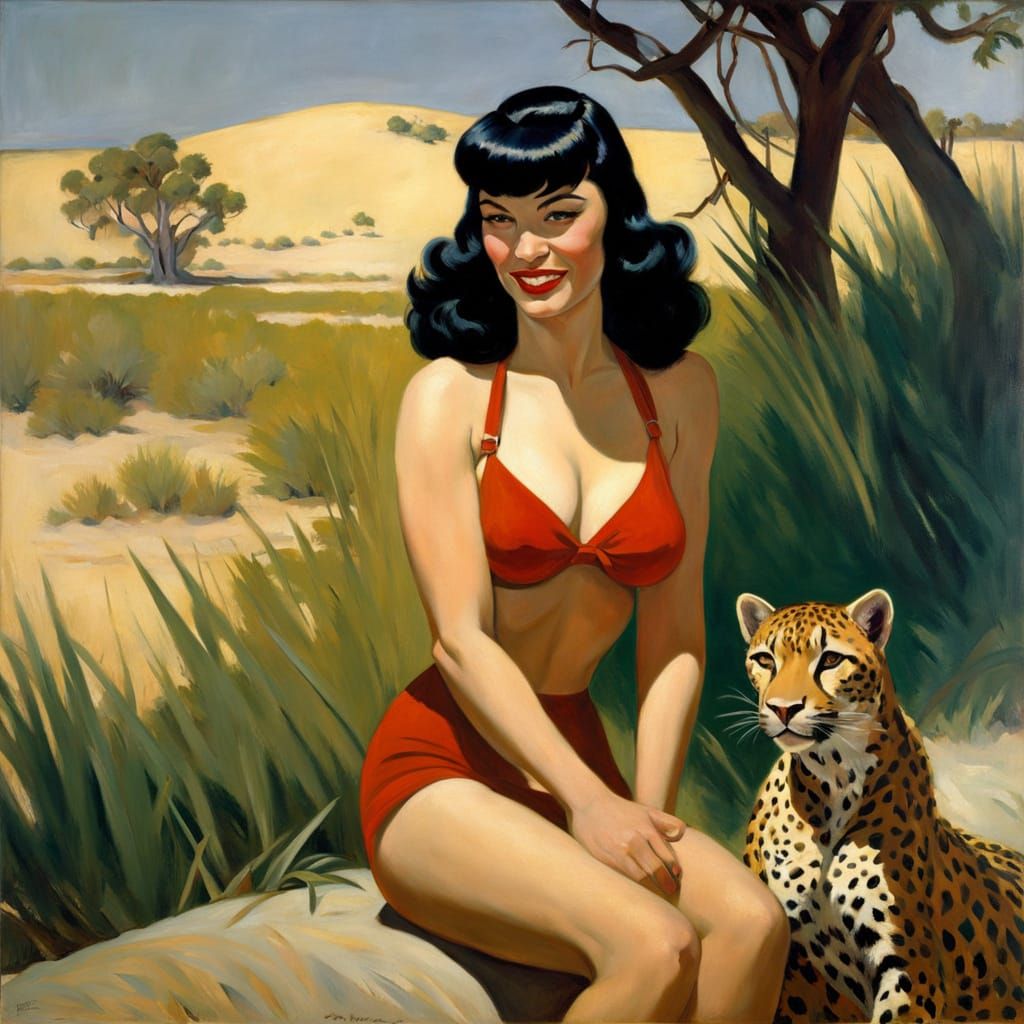 Bettie Page and Cheetah in Post-Impressionistic Style