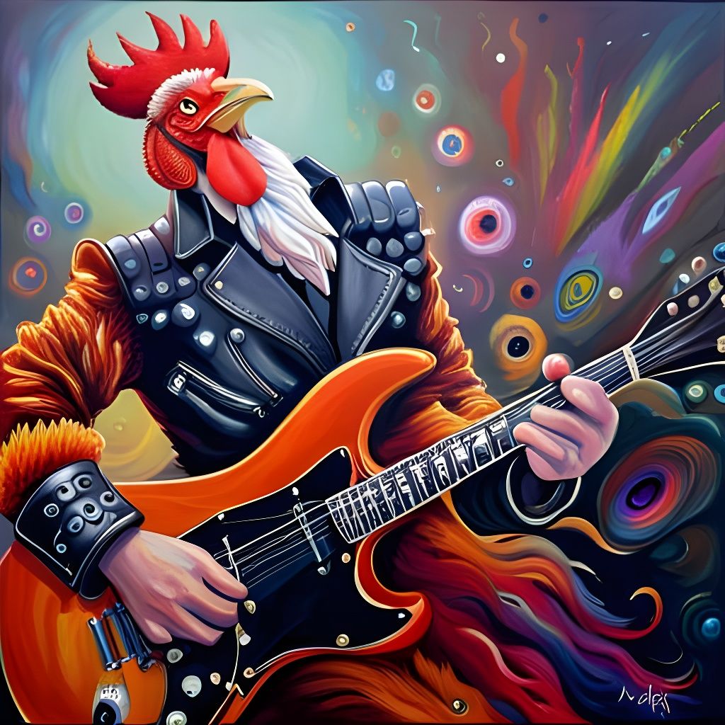 Huge Rooster Shreds Guitar On Stage in Acrylic Pour Style
