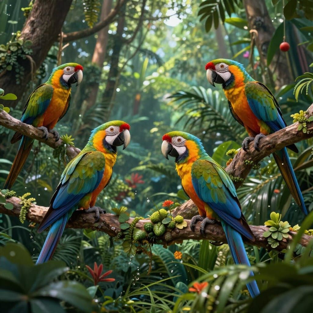 Vibrant Parrots in a Lush Jungle Landscape
