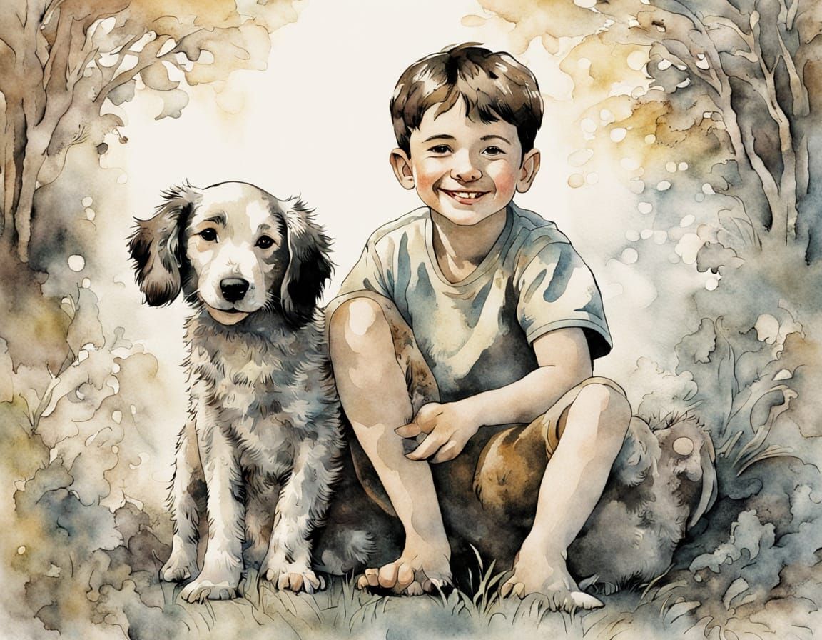 Smiling Boy and Dog in Watercolor Aquatint Style