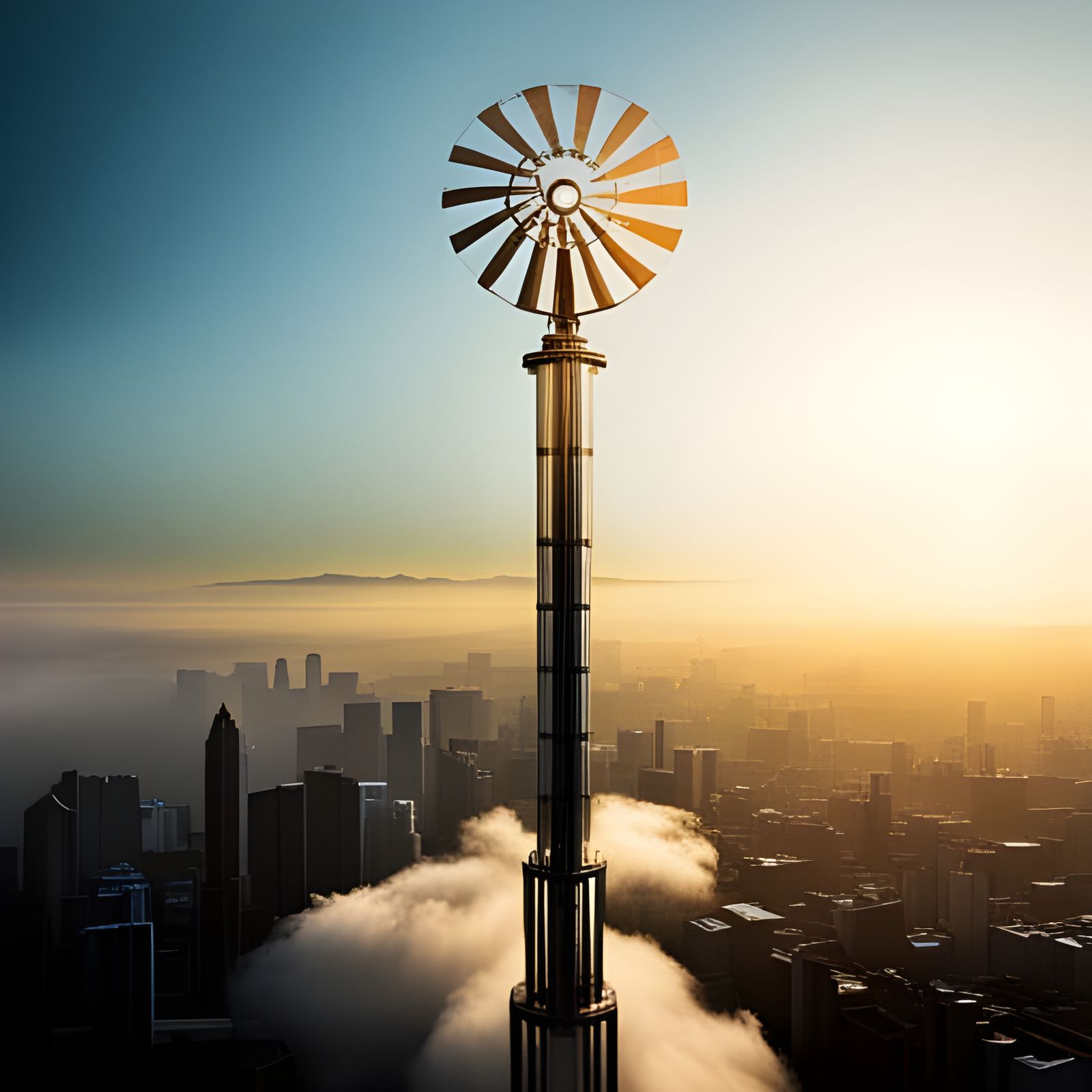Steampunk Windmill Skyscraper at Sunset