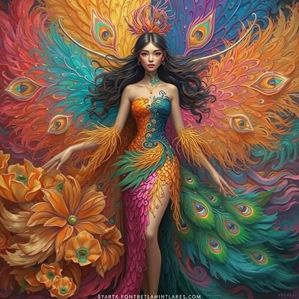 Dragon Peacock Woman in Abstract Expressionist Style