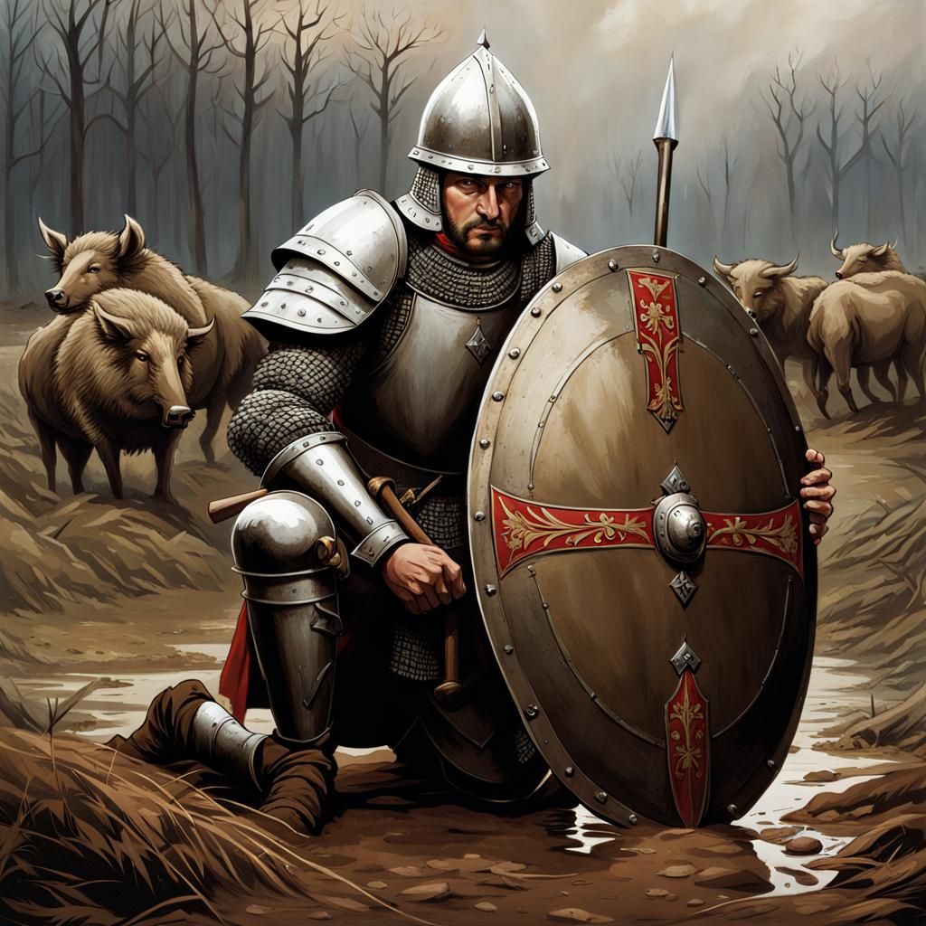 Exhausted Medieval Polish Soldier with Boar Shield