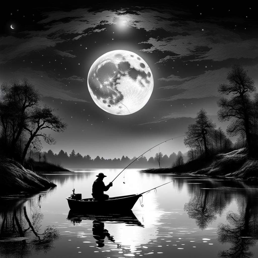 Monochrome Moonlit Fishing Boat on Lake