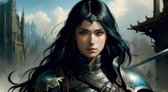 Dark Fantasy Woman Warrior on Battlefield