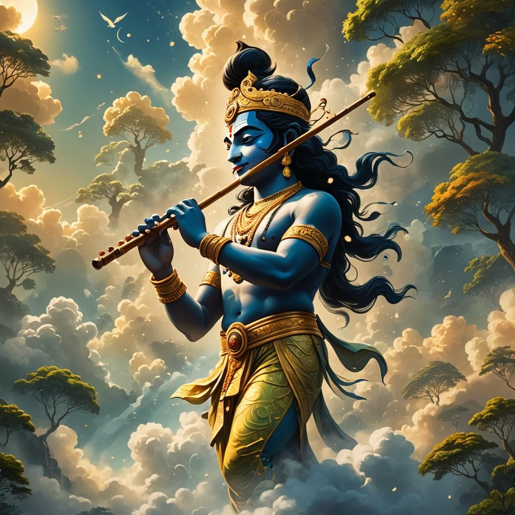 Krishna Playing Flute in Heaven: Vibrant Digital Art