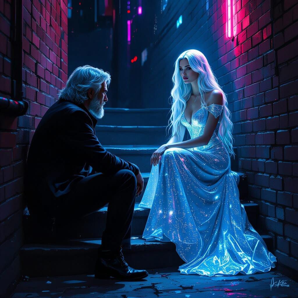 Silver-Haired Man Awaits Opening in Cyberpunk Alley