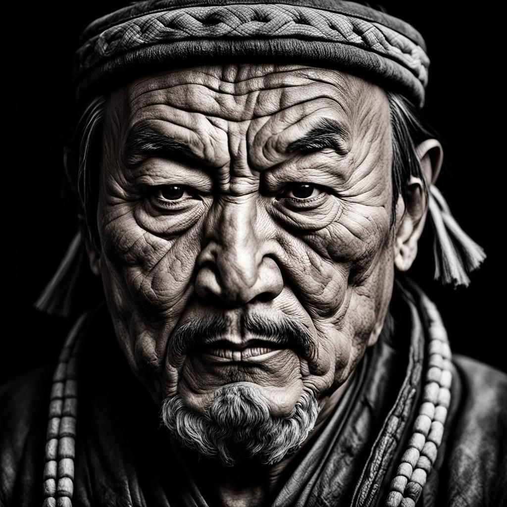 Dramatic Portrait of Genghis Khan in Black and White