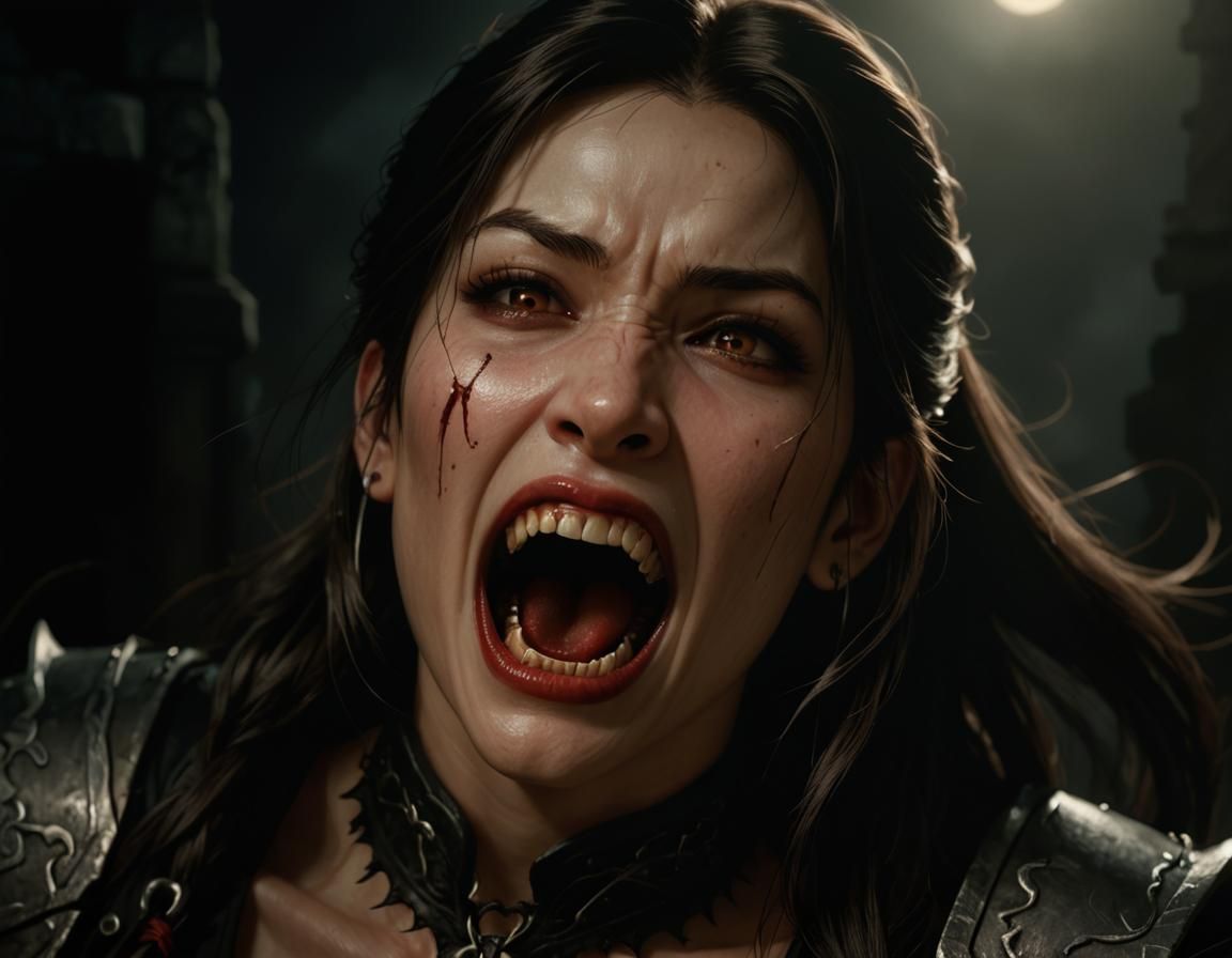 Vampire Tifa Lockhart Bares Fangs in Dark Fantasy Portrait