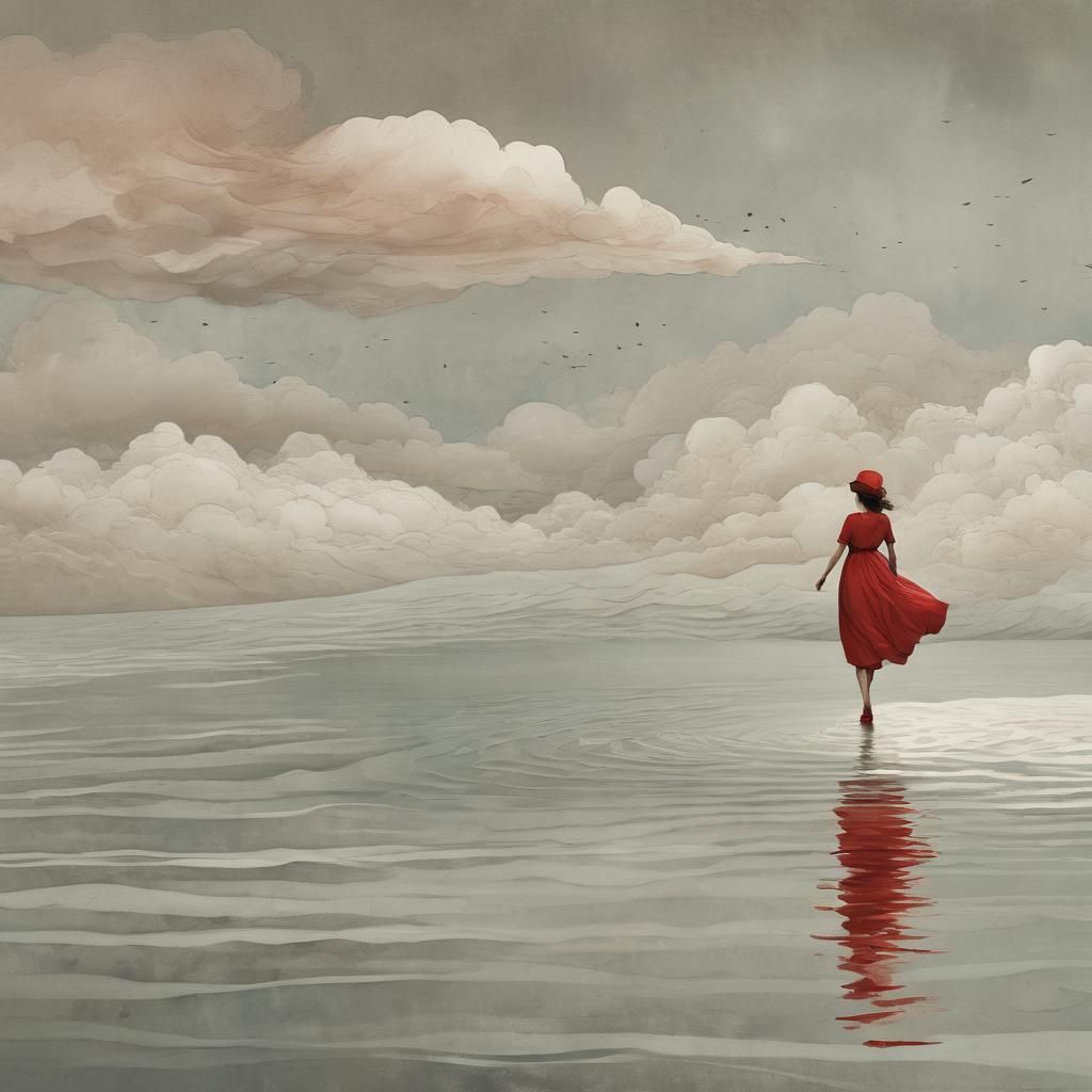 Woman in Red Dress Walking on Sea