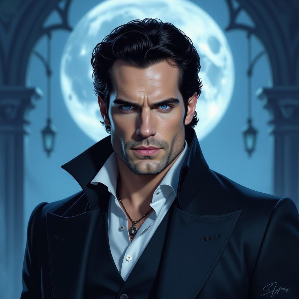 Vampiric Figure with Pale Skin and Blue Eyes