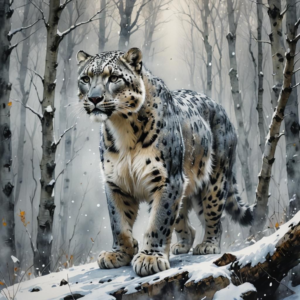 Snow Leopard in Aspen Forest Watercolor Illustration
