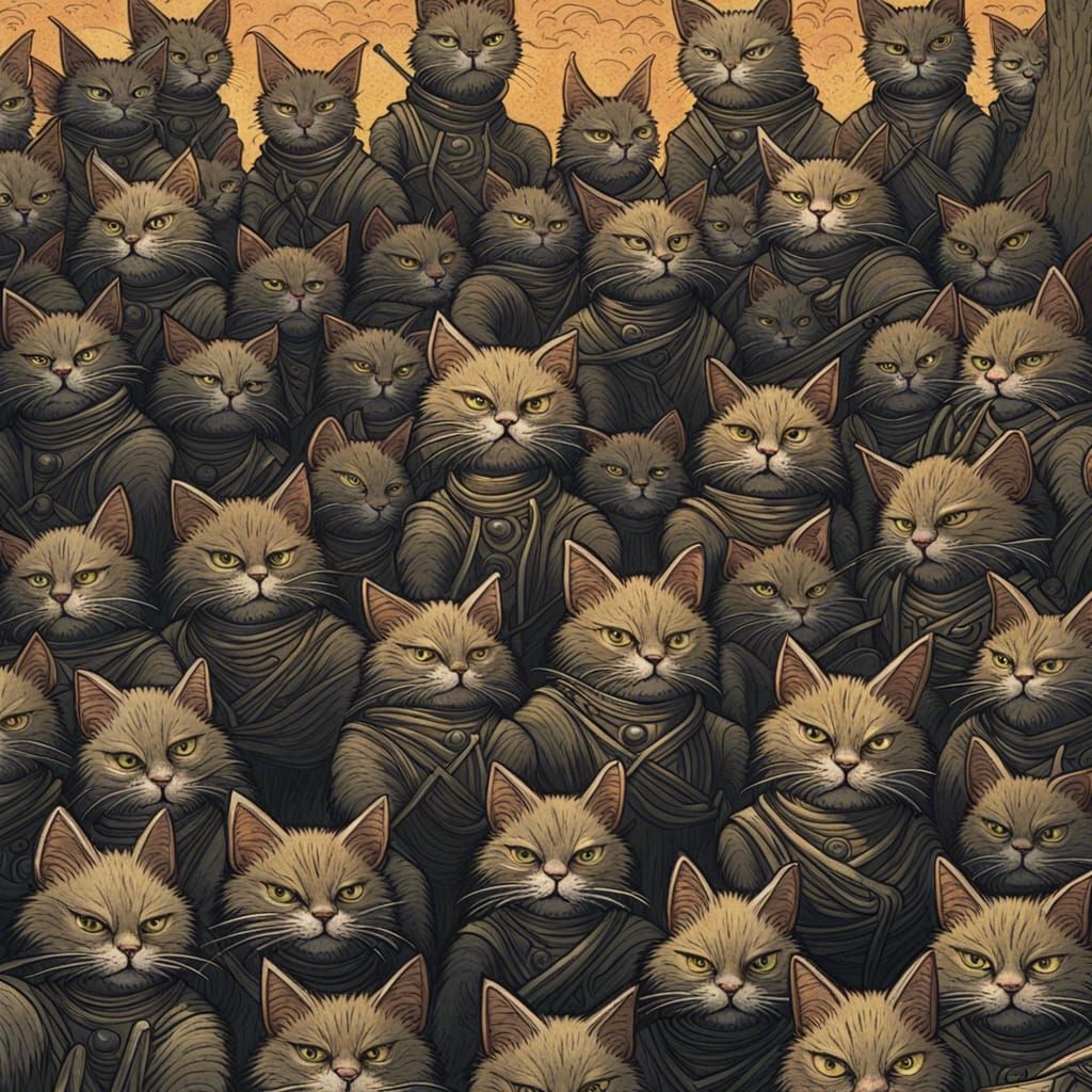 Ninja Cats Repeating Pattern in Gothic Horror Style