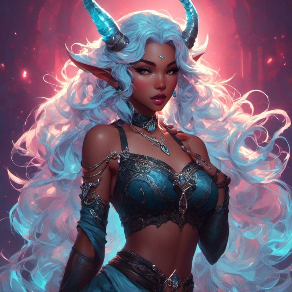 Elf Assassin with Aqua Hair and Tiefling Horns