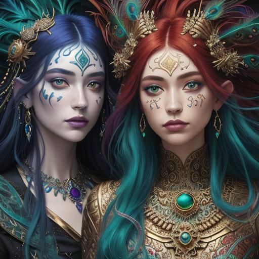 Surrealist Dragon Women in Abstract Dreamscape