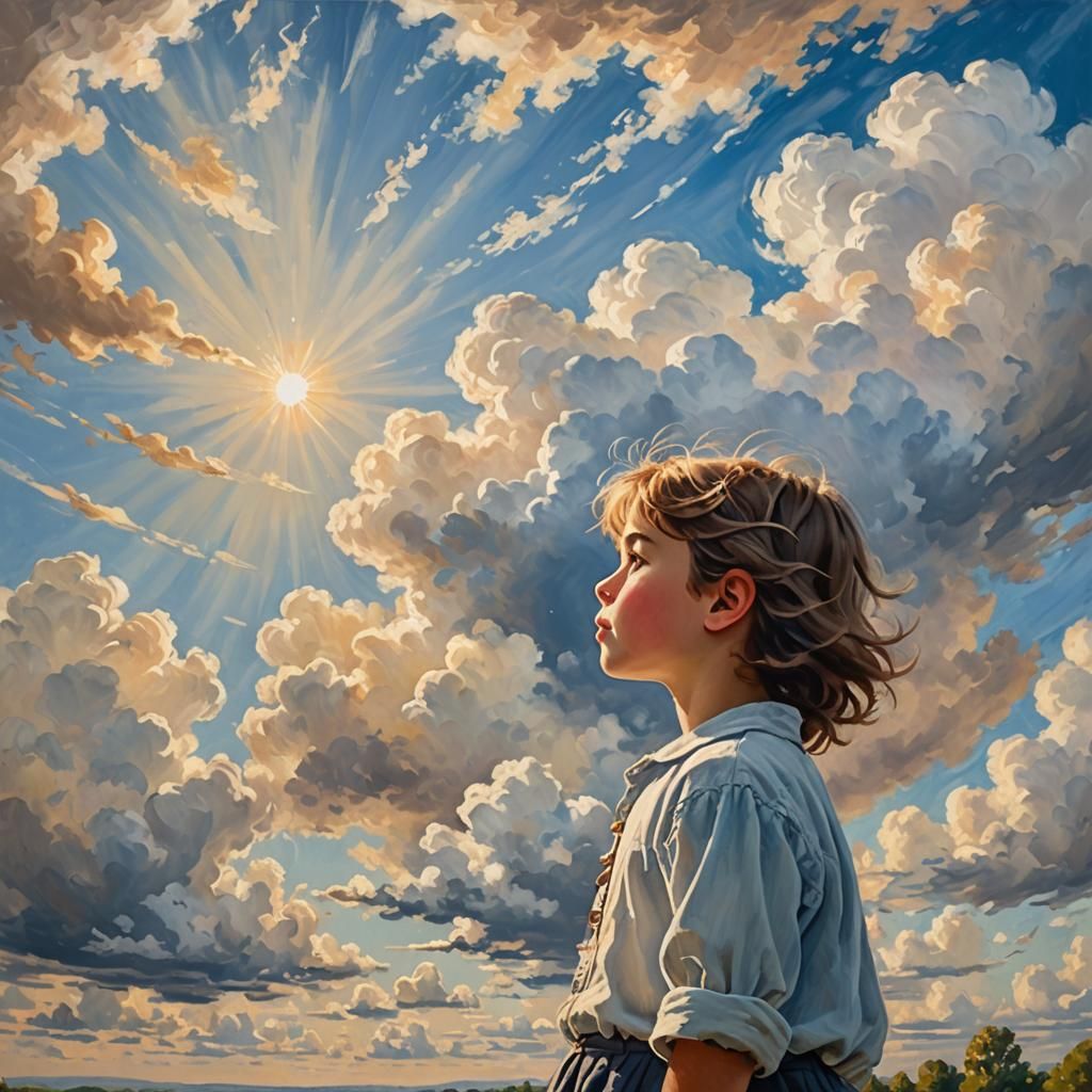 Impressionistic Child Gazing at Dreamy Clouds