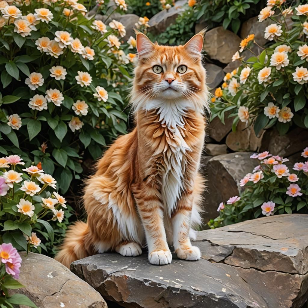 Long-Haired Cat with Amber Eyes in Flower Garden