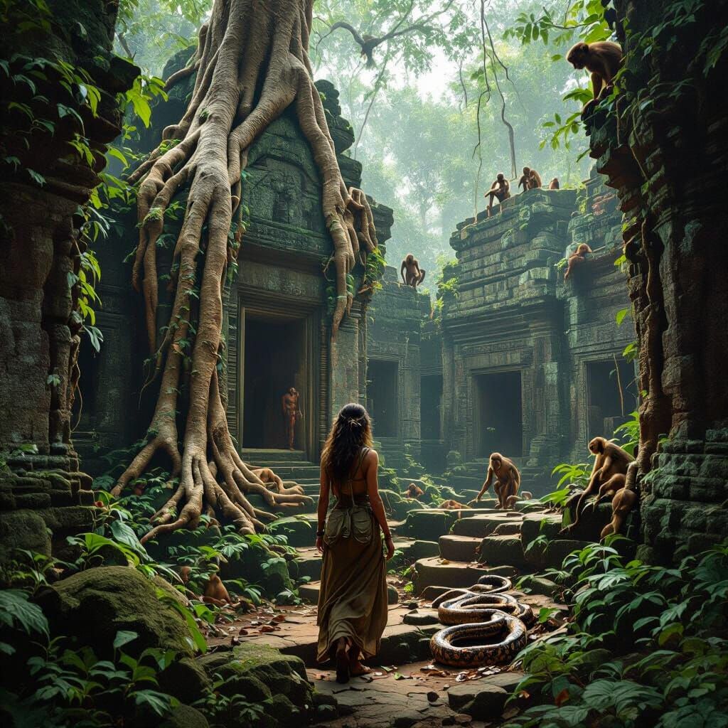 Ancient Rainforest Temple Ruins with Explorer